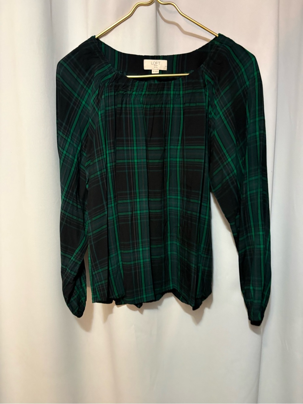 LOFT Black and Green Plaid Long-Sleeve Blouse